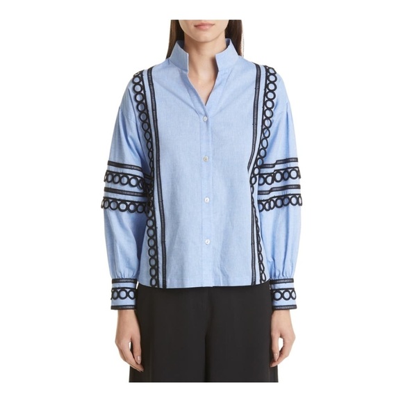 Misook Lace Trim Blouson Sleeve Top Size Large Cornflower Blue Black - Picture 1 of 16